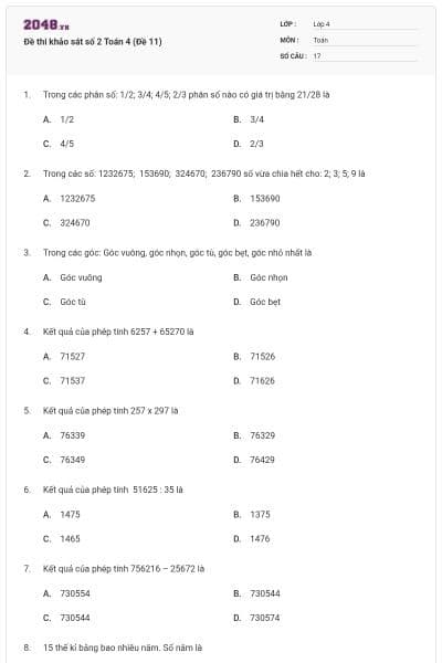 Đề thi khảo sát số 2 Toán 4 (Đề 11)