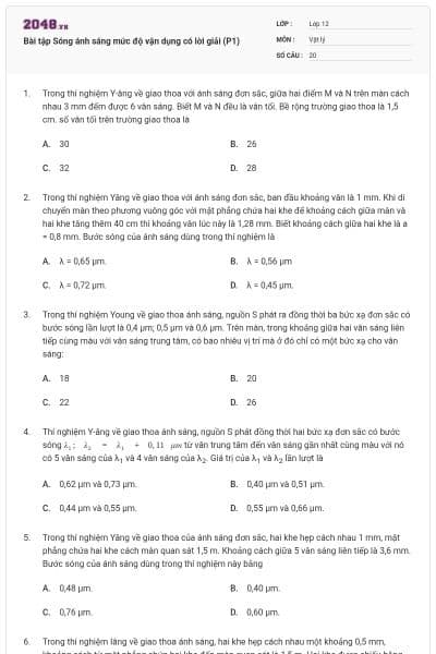 Bài tập Sóng ánh sáng mức độ vận dụng có lời giải (P1)