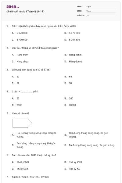 Đề thi cuối học kì I Toán 4 ( đề 15 )