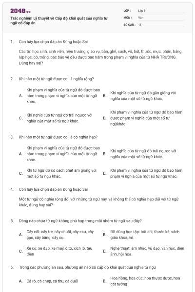 Trắc nghiệm Lý thuyết về Cấp độ khái quát của nghĩa từ ngữ có đáp án