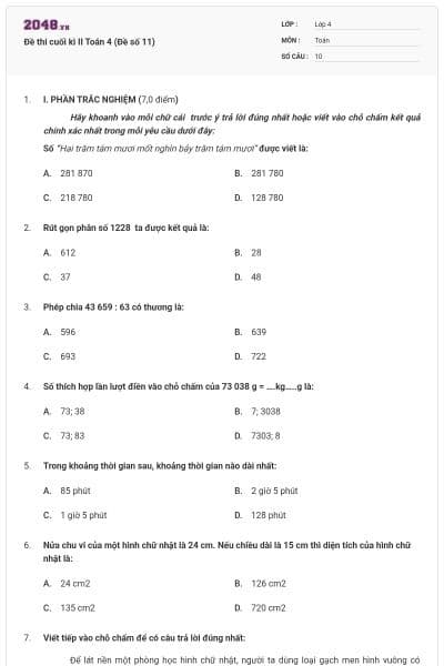 Đề thi cuối kì II Toán 4 (Đề số 11)