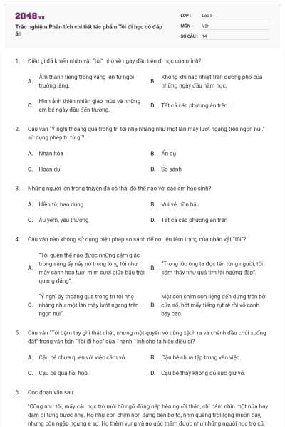 Trắc nghiệm Phân tích chi tiết tác phẩm Tôi đi học có đáp án