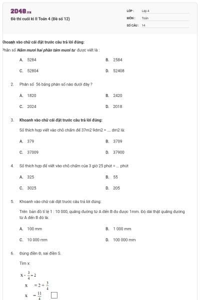 Đề thi cuối kì II Toán 4 (Đề số 12)