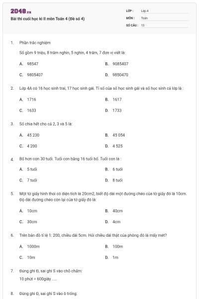 Bài thi cuối học kì II môn Toán 4 (Đề số 4)