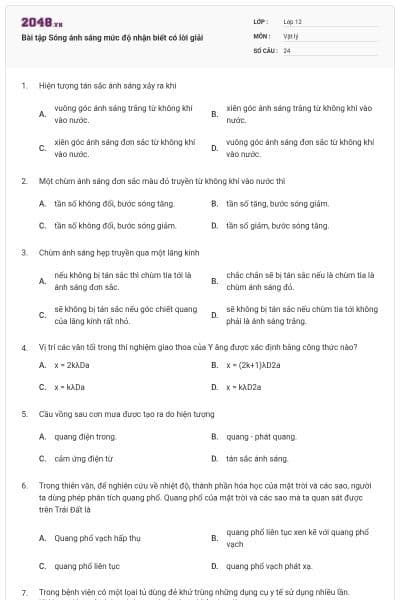 Bài tập Sóng ánh sáng mức độ nhận biết có lời giải