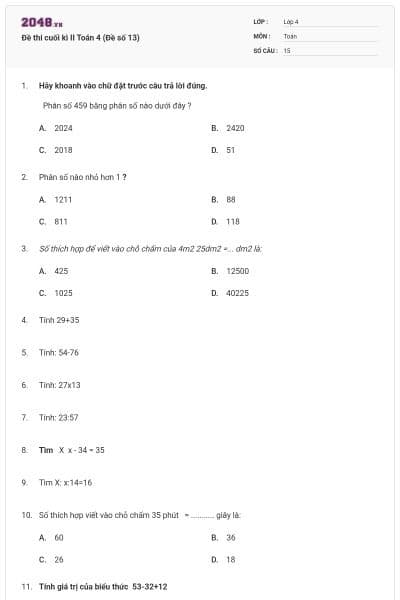Đề thi cuối kì II Toán 4 (Đề số 13)