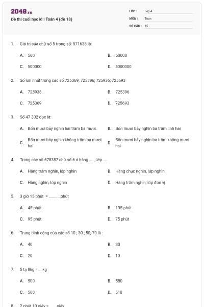 Đề thi cuối học kì I Toán 4 (đề 18)