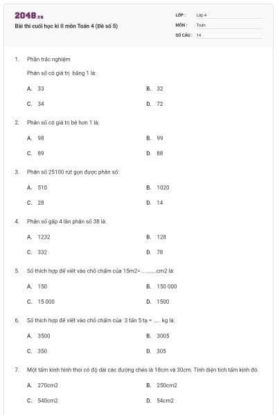 Bài thi cuối học kì II môn Toán 4 (Đề số 5)