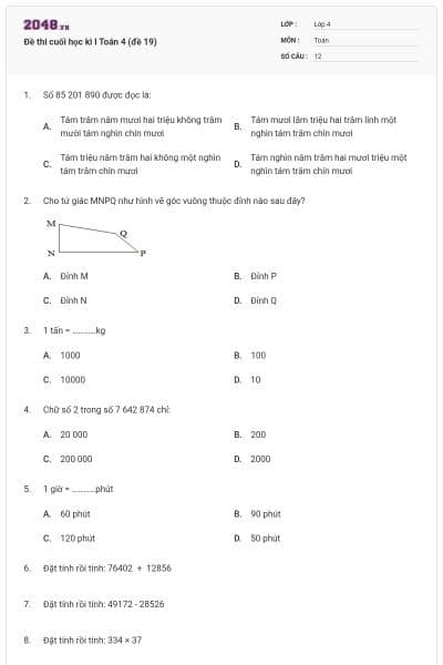 Đề thi cuối học kì I Toán 4 (đề 19)