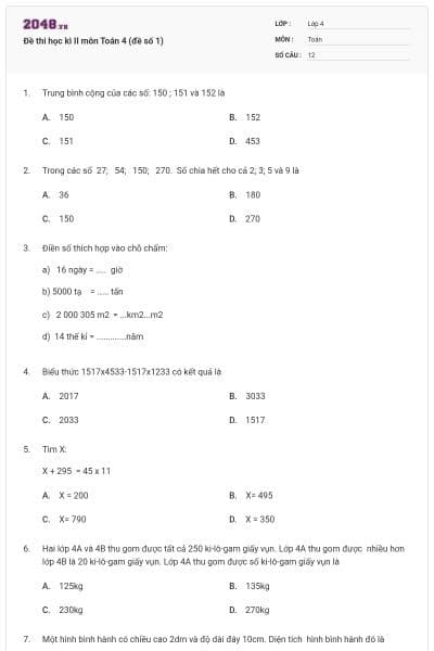 Đề thi học kì II môn Toán 4 (đề số 1)