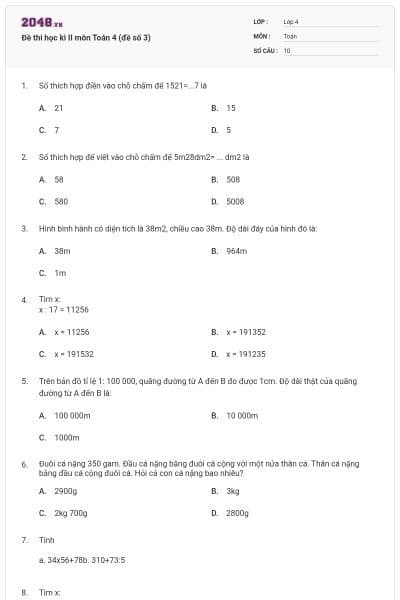 Đề thi học kì II môn Toán 4 (đề số 3)