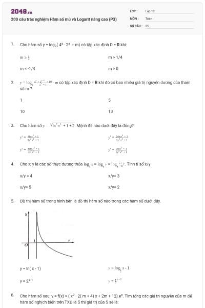 200 câu trắc nghiệm Hàm số mũ và Logarit nâng cao (P3)