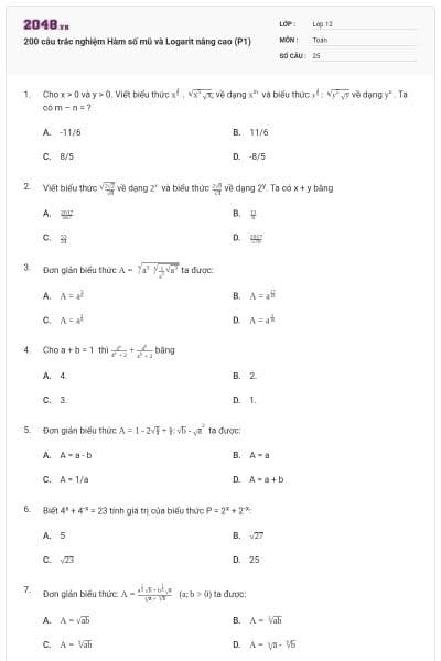 200 câu trắc nghiệm Hàm số mũ và Logarit nâng cao (P1)