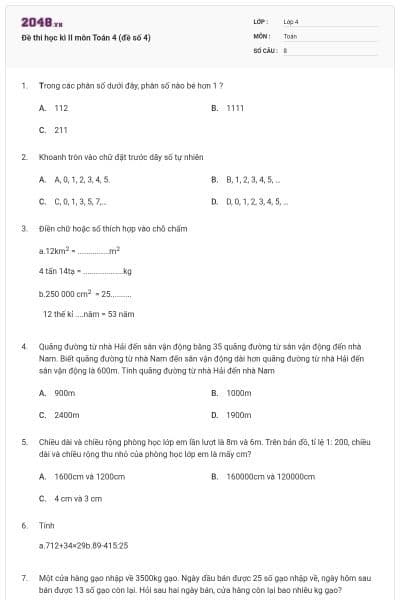 Đề thi học kì II môn Toán 4 (đề số 4)