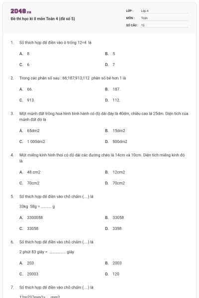Đề thi học kì II môn Toán 4 (đề số 5)