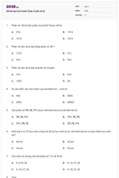 Đề thi học kì II môn Toán 4 (đề số 6)