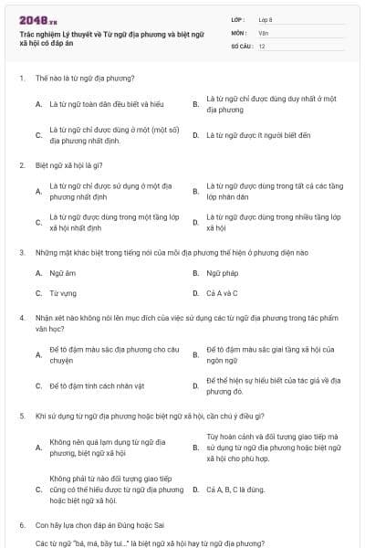 Trắc nghiệm Lý thuyết về Từ ngữ địa phương và biệt ngữ xã hội có đáp án