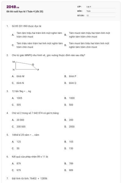 Đề thi cuối học kì I Toán 4 (đề 20)