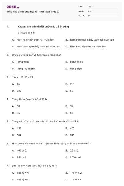 Tổng hợp đề thi cuối học kì I môn Toán 4 (đề 2)