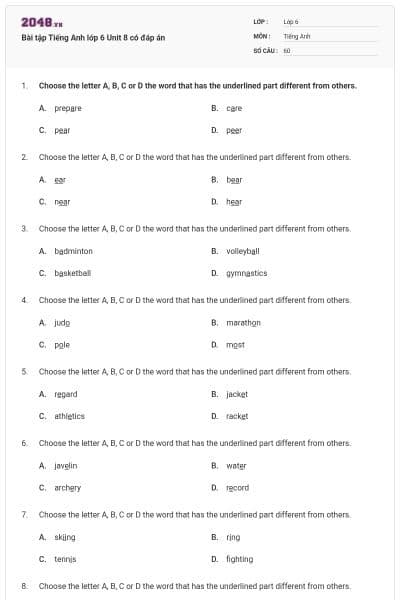 Bài tập Tiếng Anh lớp 6 Unit 8 có đáp án