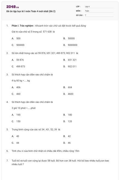 Đề ôn tập học kì I môn Toán 4 mới nhất (Đề 2)