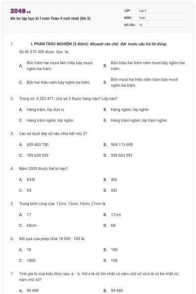 Đề ôn tập học kì I môn Toán 4 mới nhất (Đề 3)