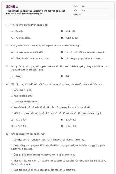 Trắc nghiệm Lý thuyết về Lập dàn ý cho bài văn tự sự kết hợp miêu tả vầ biểu cảm có đáp án