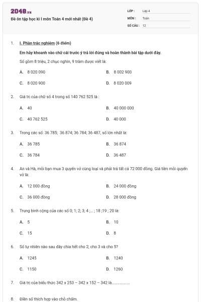 Đề ôn tập học kì I môn Toán 4 mới nhất (Đề 4)
