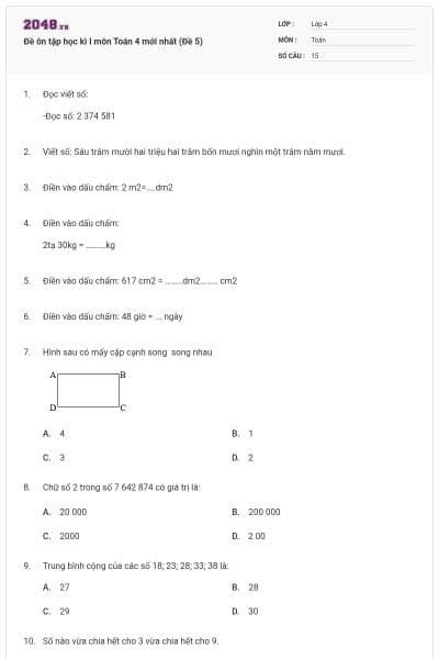 Đề ôn tập học kì I môn Toán 4 mới nhất (Đề 5)