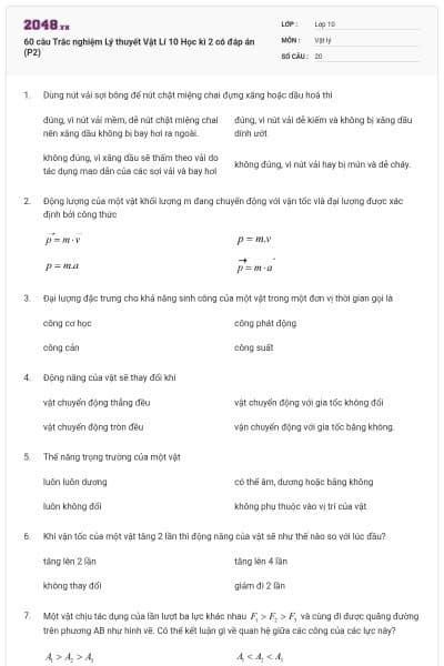 60 câu Trắc nghiệm Lý thuyết Vật Lí 10 Học kì 2 có đáp án (P2)