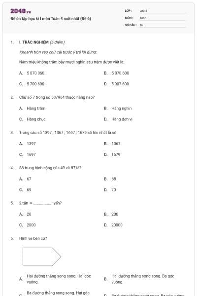 Đề ôn tập học kì I môn Toán 4 mới nhất (Đề 6)