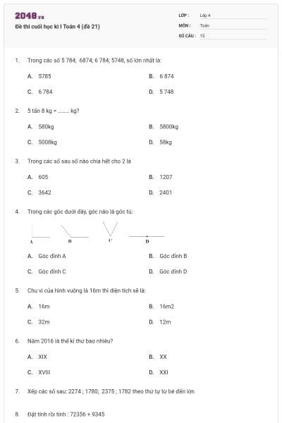 Đề thi cuối học kì I Toán 4 (đề 21)