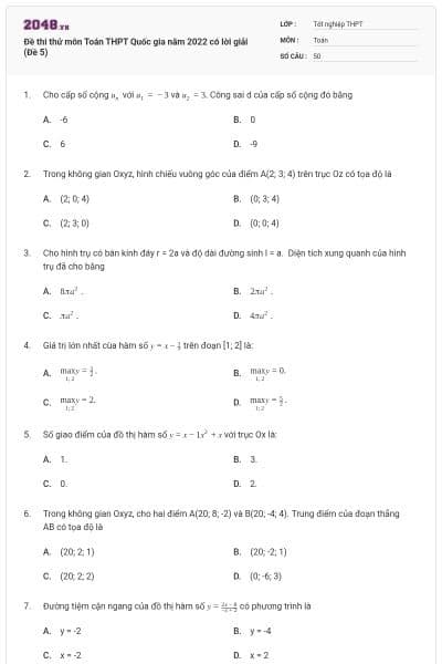 Đề thi thử môn Toán THPT Quốc gia năm 2022 có lời giải (Đề 5)
