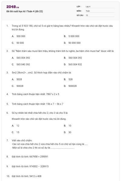 Đề thi cuối học kì I Toán 4 (đề 22)