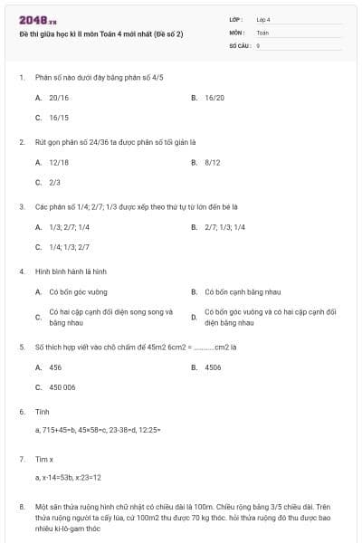 Đề thi giữa học kì II môn Toán 4 mới nhất (Đề số 2)