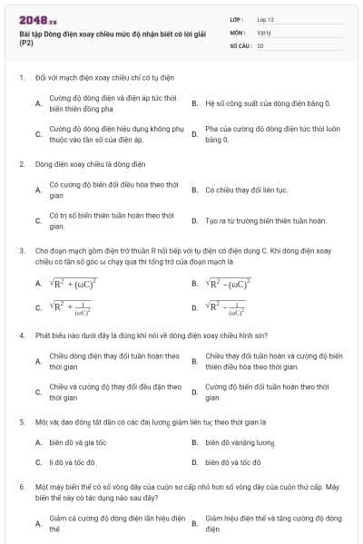 Bài tập Dòng điện xoay chiều mức độ nhận biết có lời giải (P2)
