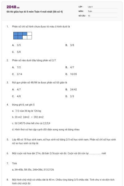 Đề thi giữa học kì II môn Toán 4 mới nhất (Đề số 4)