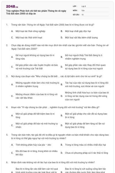 Trắc nghiệm Phân tích chi tiết tác phẩm Thông tin về ngày Trái đất năm 2000 có đáp án