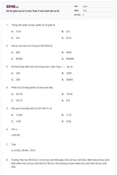 Đề thi giữa học kì II môn Toán 4 mới nhất (Đề số 8)