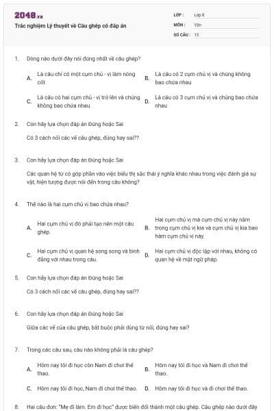 Trắc nghiệm Lý thuyết về Câu ghép có đáp án