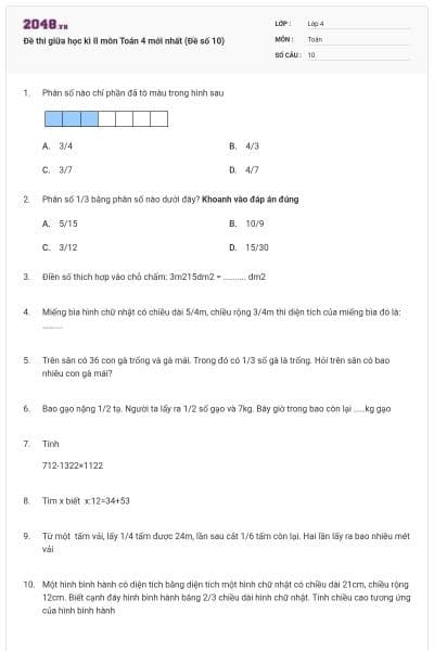 Đề thi giữa học kì II môn Toán 4 mới nhất (Đề số 10)