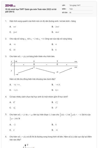 35 đề minh họa THPT Quốc gia môn Toán năm 2022 có lời giải (Đề 6)
