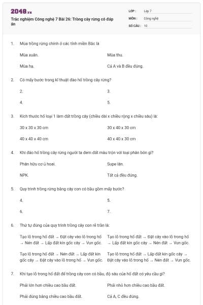 Trắc nghiệm Công nghệ 7 Bài 26: Trồng cây rừng có đáp án