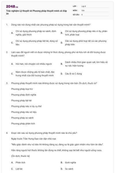 Trắc nghiệm Lý thuyết về Phương pháp thuyết minh có đáp án
