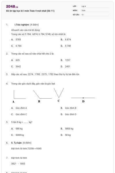 Đề ôn tập học kì I môn Toán 4 mới nhất (Đề 11)
