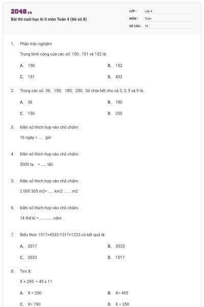 Bài thi cuối học kì II môn Toán 4 (Đề số 8)
