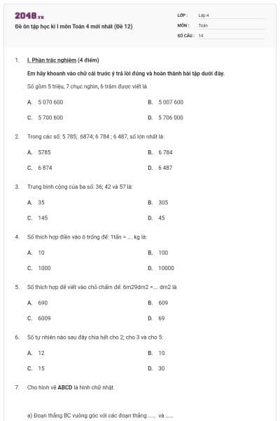 Đề ôn tập học kì I môn Toán 4 mới nhất (Đề 12)