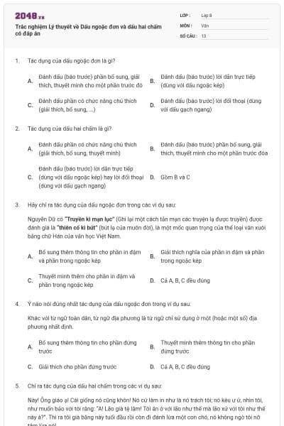 Trắc nghiệm Lý thuyết về Dấu ngoặc đơn và dấu hai chấm có đáp án