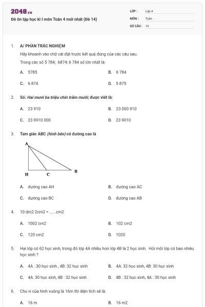 Đề ôn tập học kì I môn Toán 4 mới nhất (Đề 14)