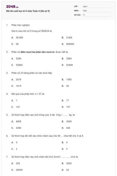Bài thi cuối học kì II môn Toán 4 (Đề số 9)